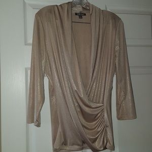 Roz & Ali Gold 3/4 Sleeve Wrap Blouse with Ruched Detail